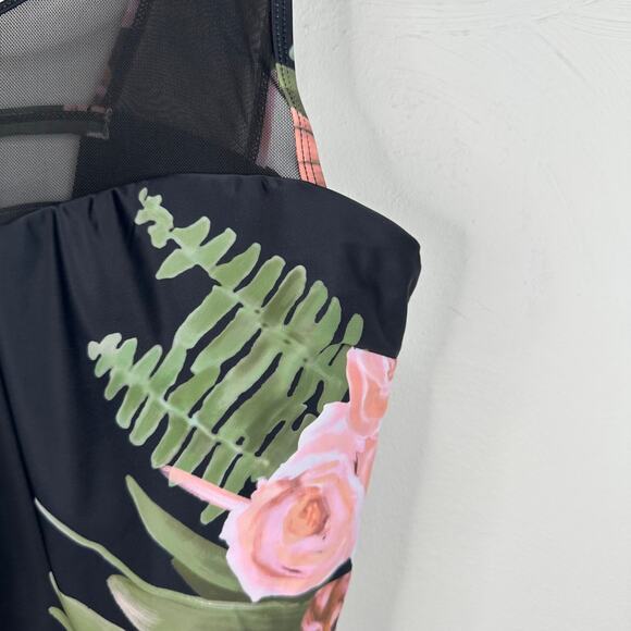 NWOT Black One Piece Floral Strappy Back Mesh Swimsuit - Picture 6 of 12